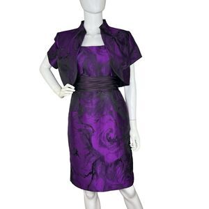 Theia Size 8 Purple Abstract Floral Brocade Pencil Sheath Dress And Shrug Jacket